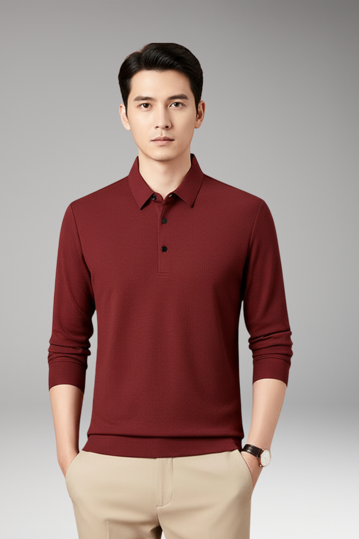 Men's Long Sleeve Polo Textured Knit Streamlined Cut