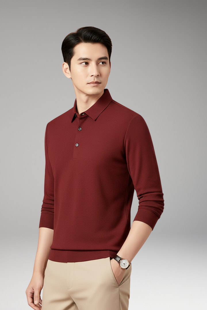 Men's Long Sleeve Polo Textured Knit Streamlined Cut