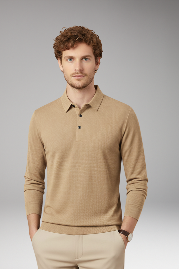 Men's Long Sleeve Polo Textured Knit Streamlined Cut