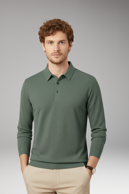 Men's Long Sleeve Polo Textured Knit Streamlined Cut