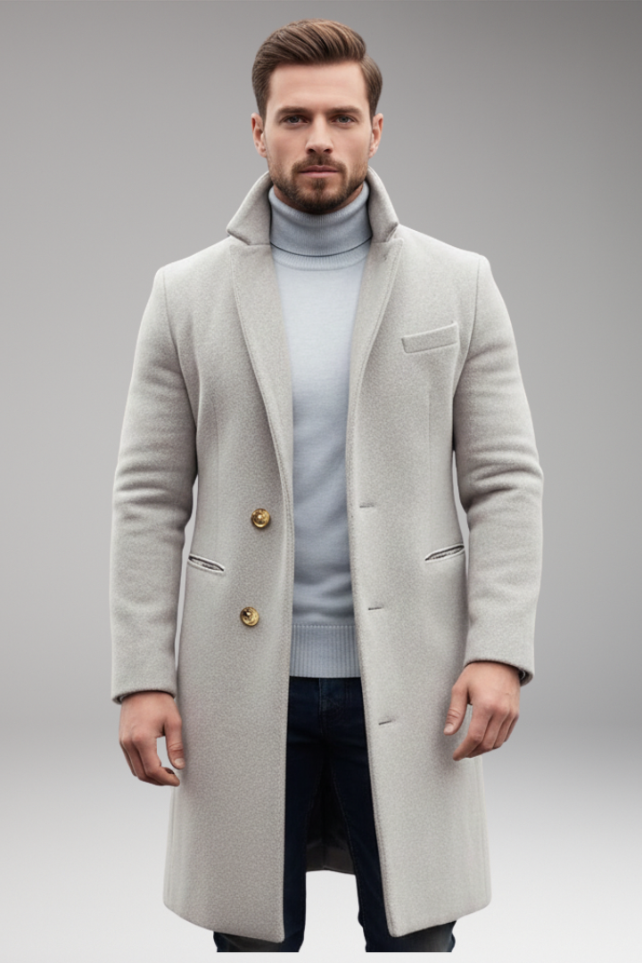 Men's Lapel Collar Long Coat Button Front Closure