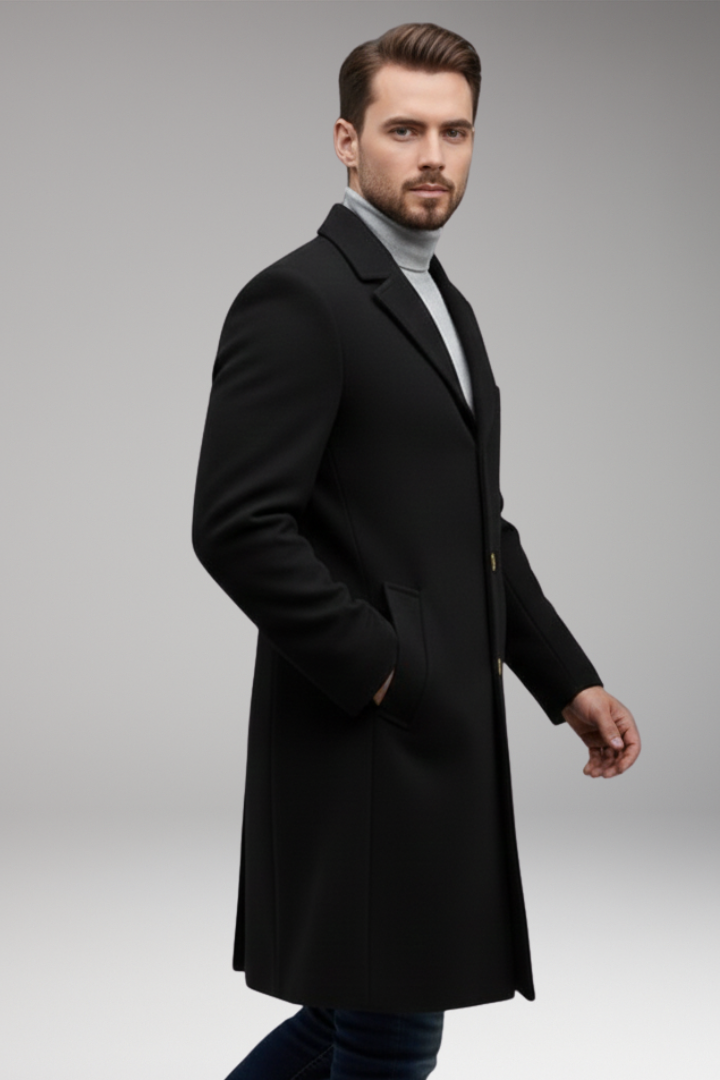 Men's Lapel Collar Long Coat Button Front Closure