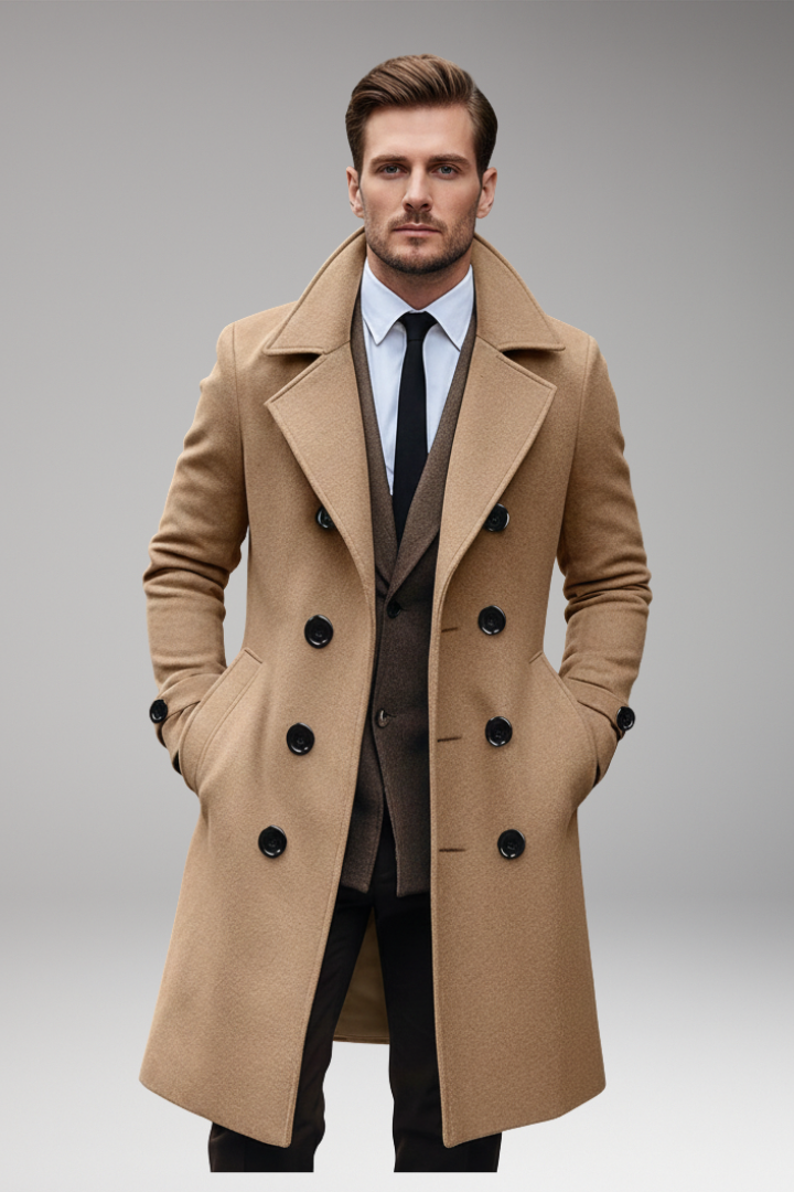 Men's Notch Lapel Long Coat Button Front