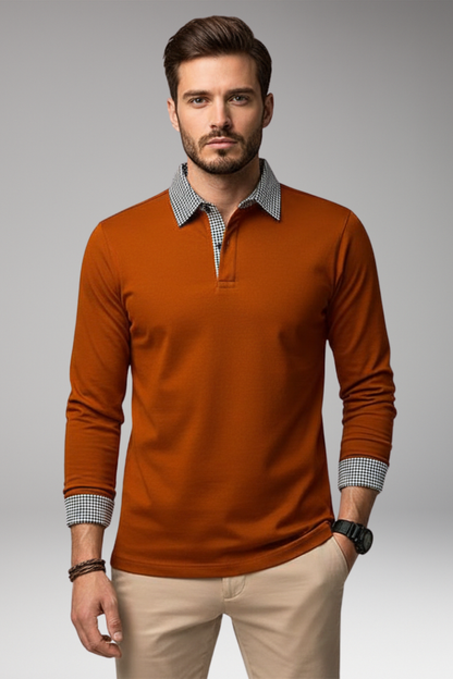 Men's Polo Shirt Plaid Long Sleeve Button Collar