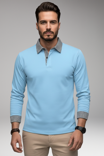 Men's Polo Shirt Plaid Long Sleeve Button Collar
