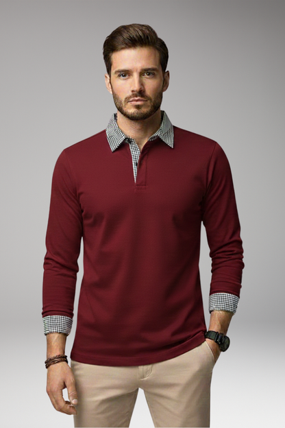 Men's Polo Shirt Plaid Long Sleeve Button Collar