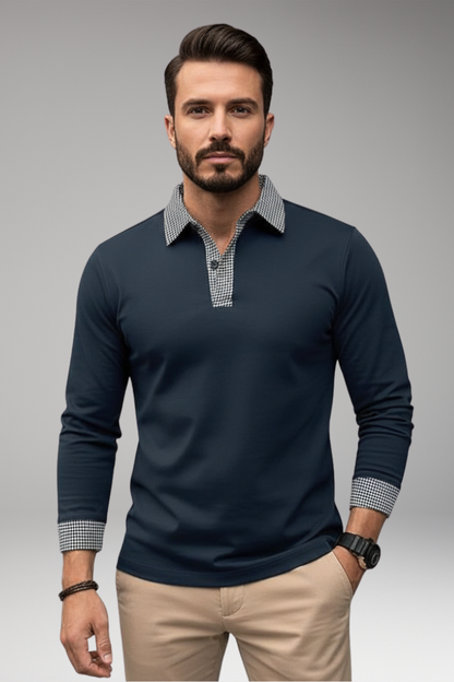 Men's Polo Shirt Plaid Long Sleeve Button Collar