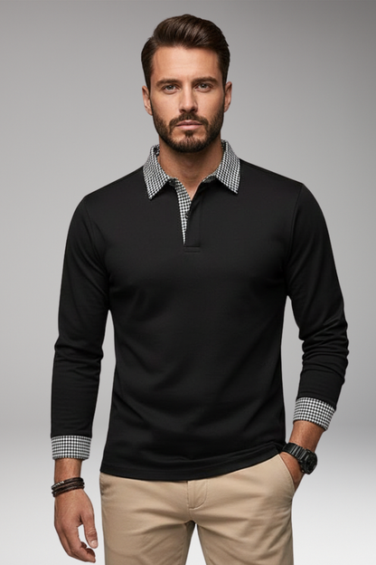 Men's Polo Shirt Plaid Long Sleeve Button Collar