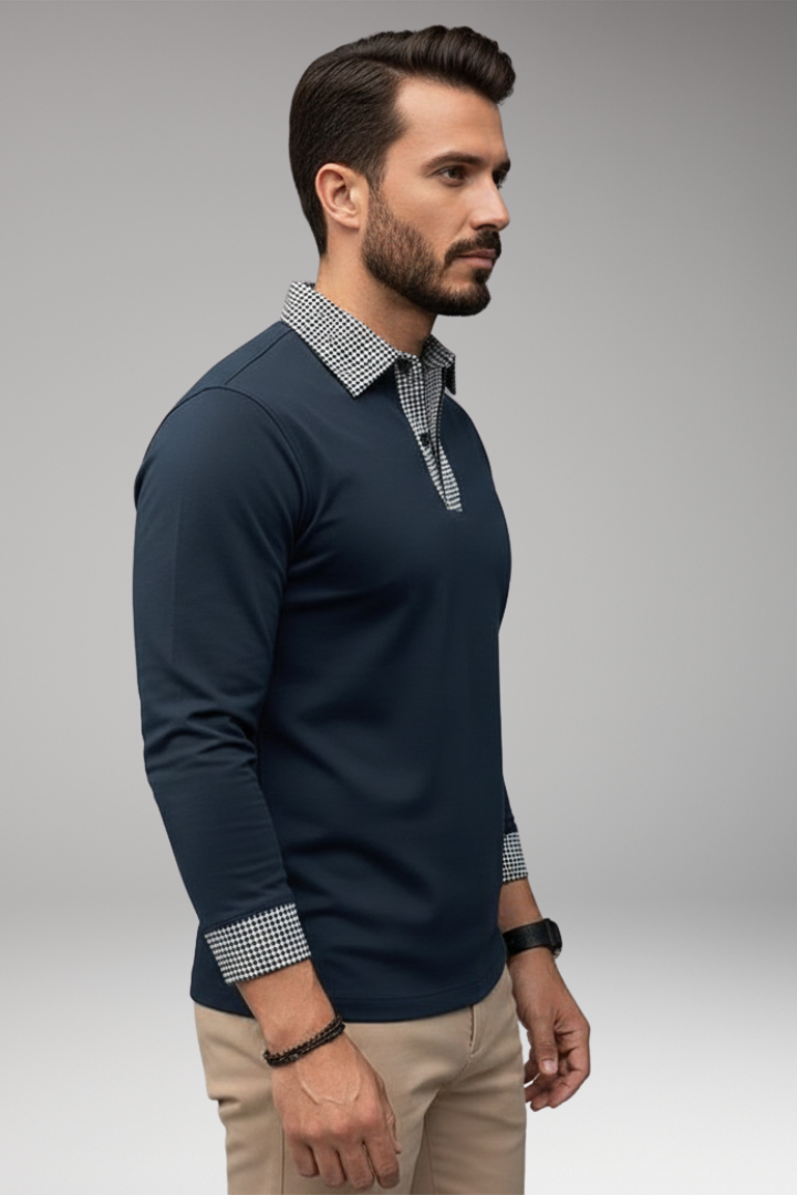 Men's Polo Shirt Plaid Long Sleeve Button Collar