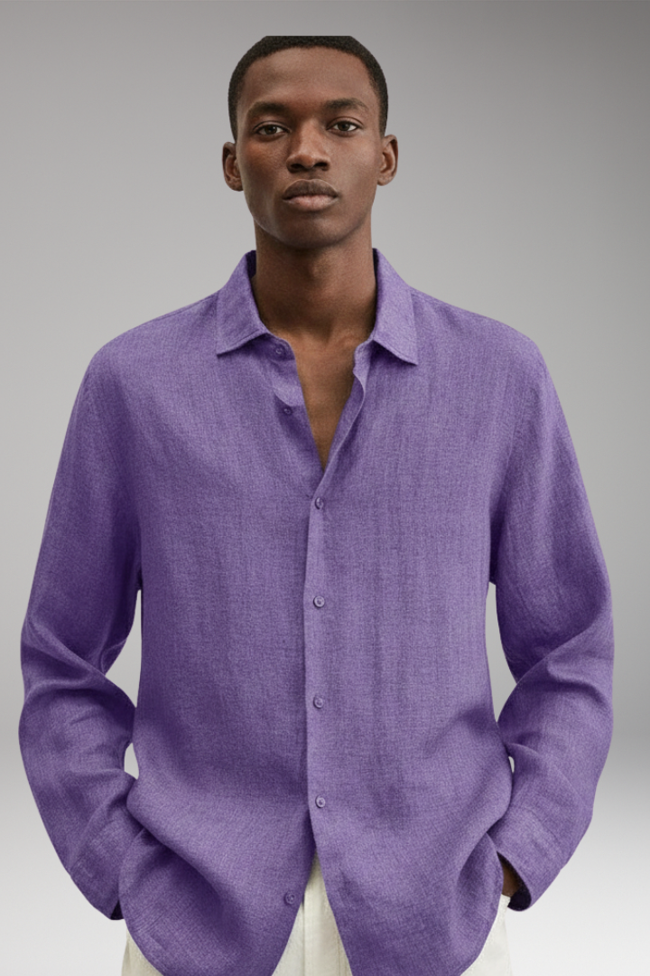 Men's Long Sleeve Dress Shirt Lapel Collar Button Front