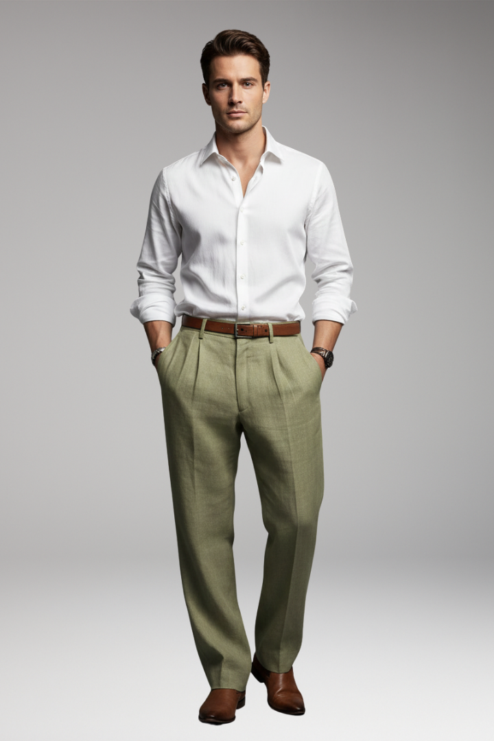 Men's Pleated Elastic Waist Pants Button Fly