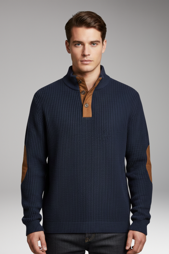 Men's Pullover Sweater Button Neck Elbow Patch