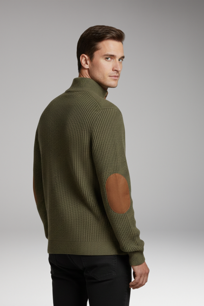 Men's Pullover Sweater Button Neck Elbow Patch