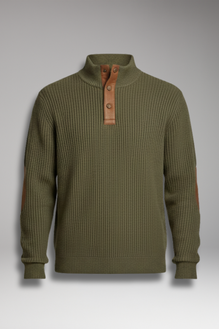 Men's Pullover Sweater Button Neck Elbow Patch - VibreMode
