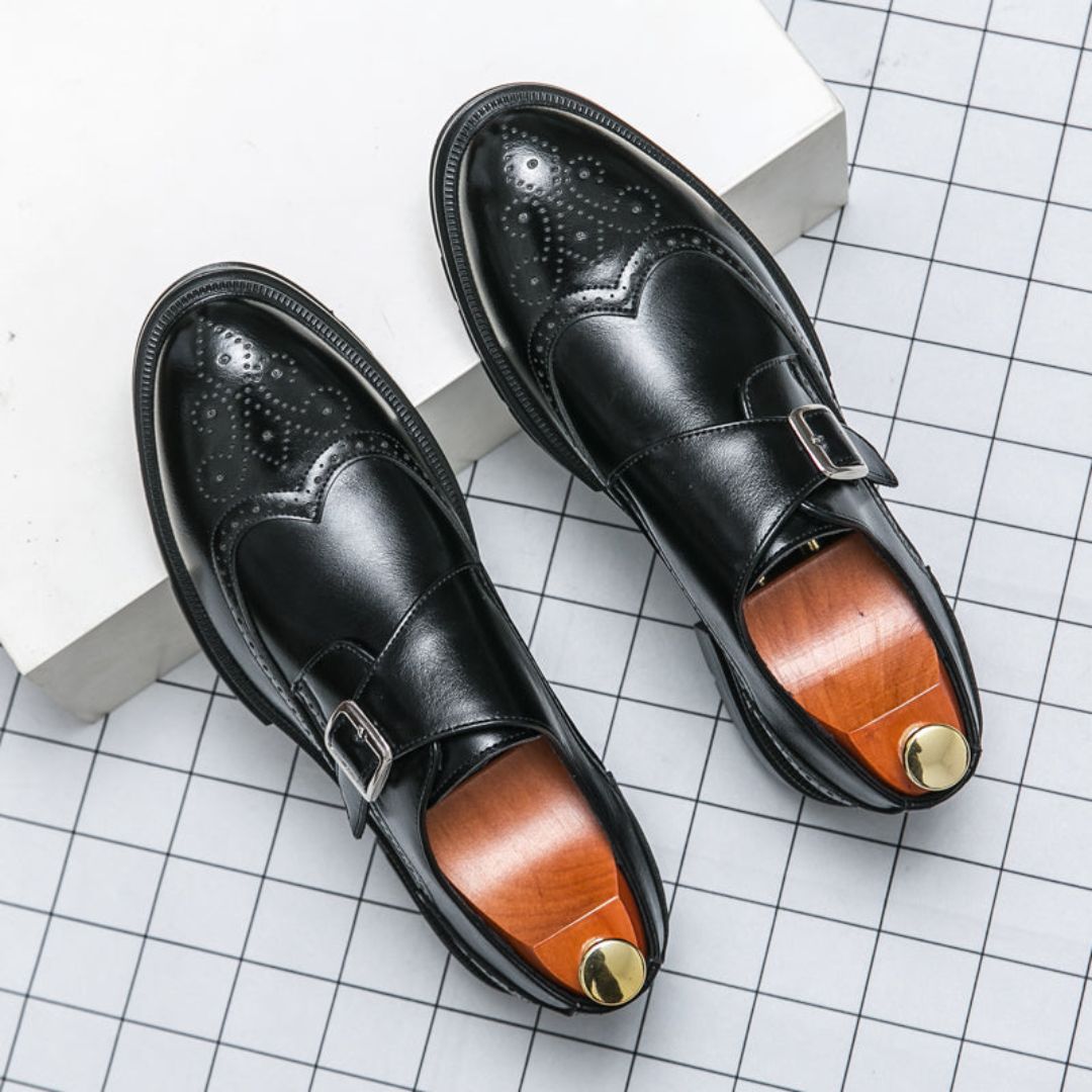 Men's Leather Monk Strap Dress Shoes Black - VibreMode