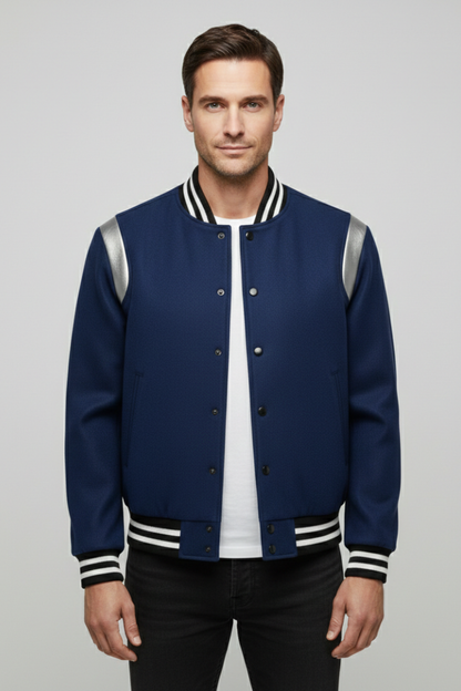 Men's Bomber Jacket Contrasting Sleeves Secure Buttons