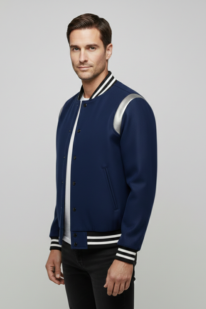 Men's Bomber Jacket Contrasting Sleeves Secure Buttons
