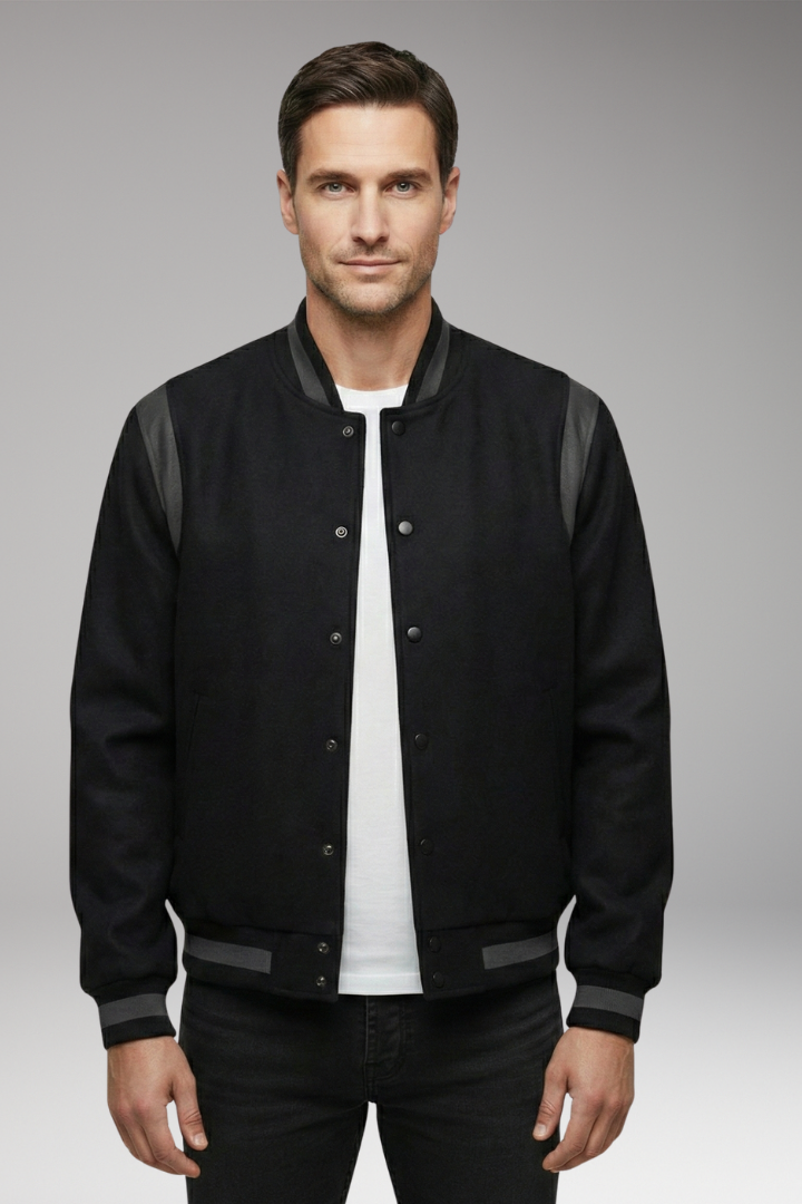Men's Bomber Jacket Contrasting Sleeves Secure Buttons