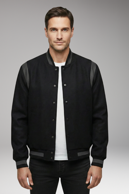 Men's Bomber Jacket Contrasting Sleeves Secure Buttons
