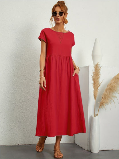 Women's Short Sleeve Round Neck Midi Dress