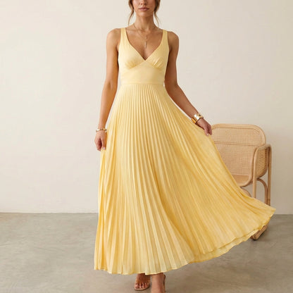 Eileen Women's Satin Sleeveless Maxi Dress Pleated Skirt - VibreMode