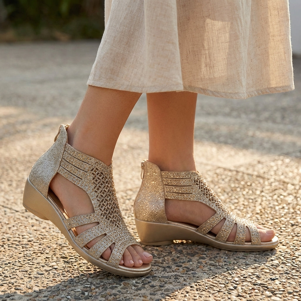 Womens Wedge Sandals Back Zipper Cut Out Design