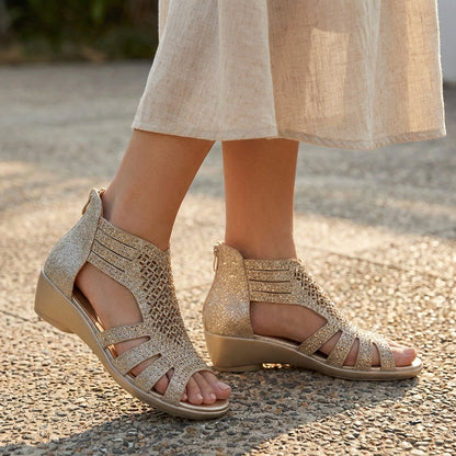 Womens Wedge Sandals Back Zipper Cut Out Design