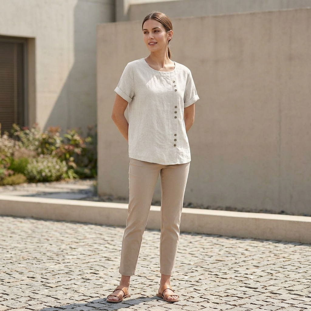 Women's Short Sleeve Blouse Asymmetric Button Detail