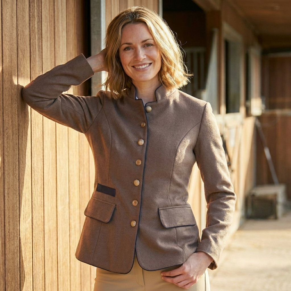 Wool Blazer Stand Collar Contrast Piping