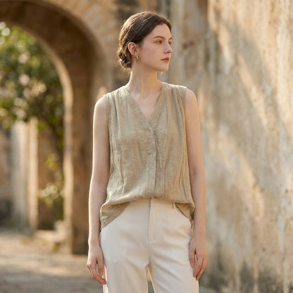 Women's V-Neck Sleeveless Pleated Crinkle Texture