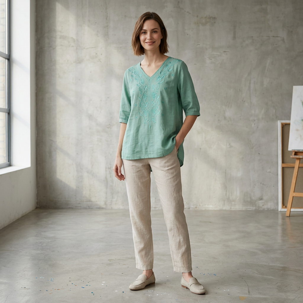 Women's Relaxed Fit V-Neck Blouse Embroidered Floral White