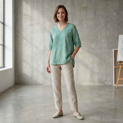 Women's Relaxed Fit V-Neck Blouse Embroidered Floral White