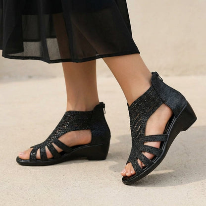 Womens Wedge Sandals Back Zipper Cut Out Design - VibreMode