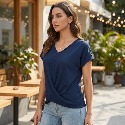 Women's Relaxed Fit V Neck Twist Front Cuffed Sleeves