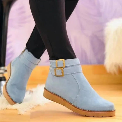 Ladies Low Heel Double Buckle Ankle Boots