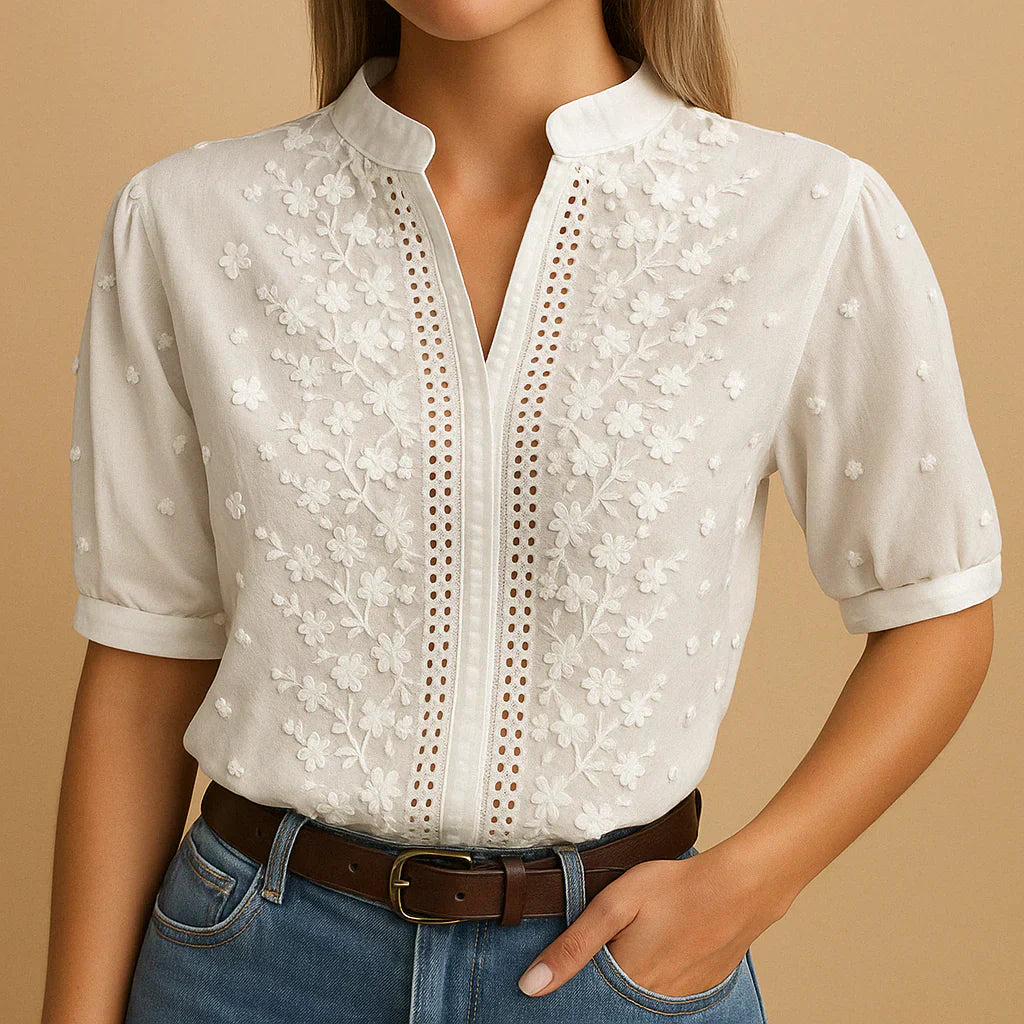 Women's Embroidered White Blouse Stand Collar