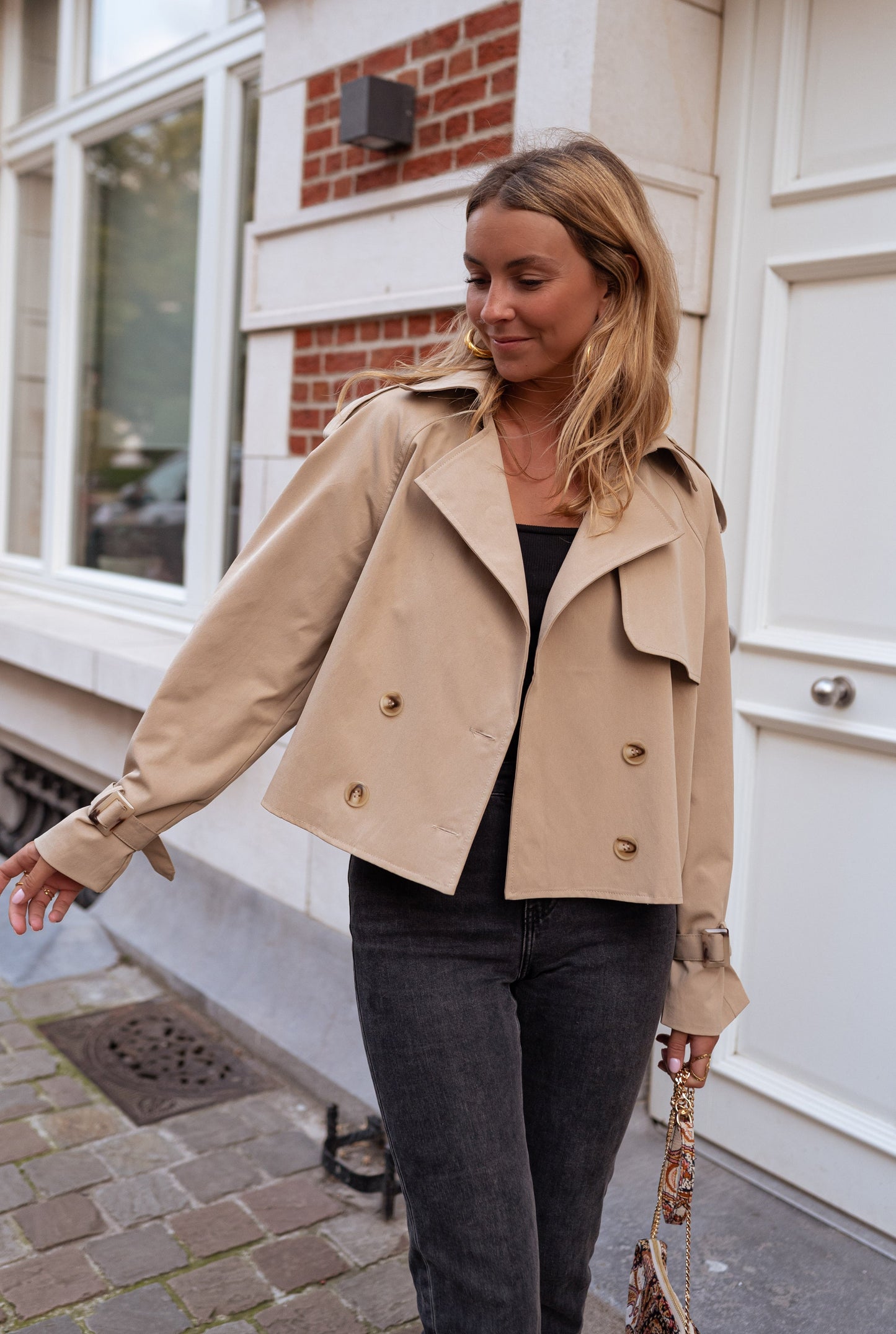 Women's Double-Breasted Trench Coat Belted Cuffs Cotton Tan