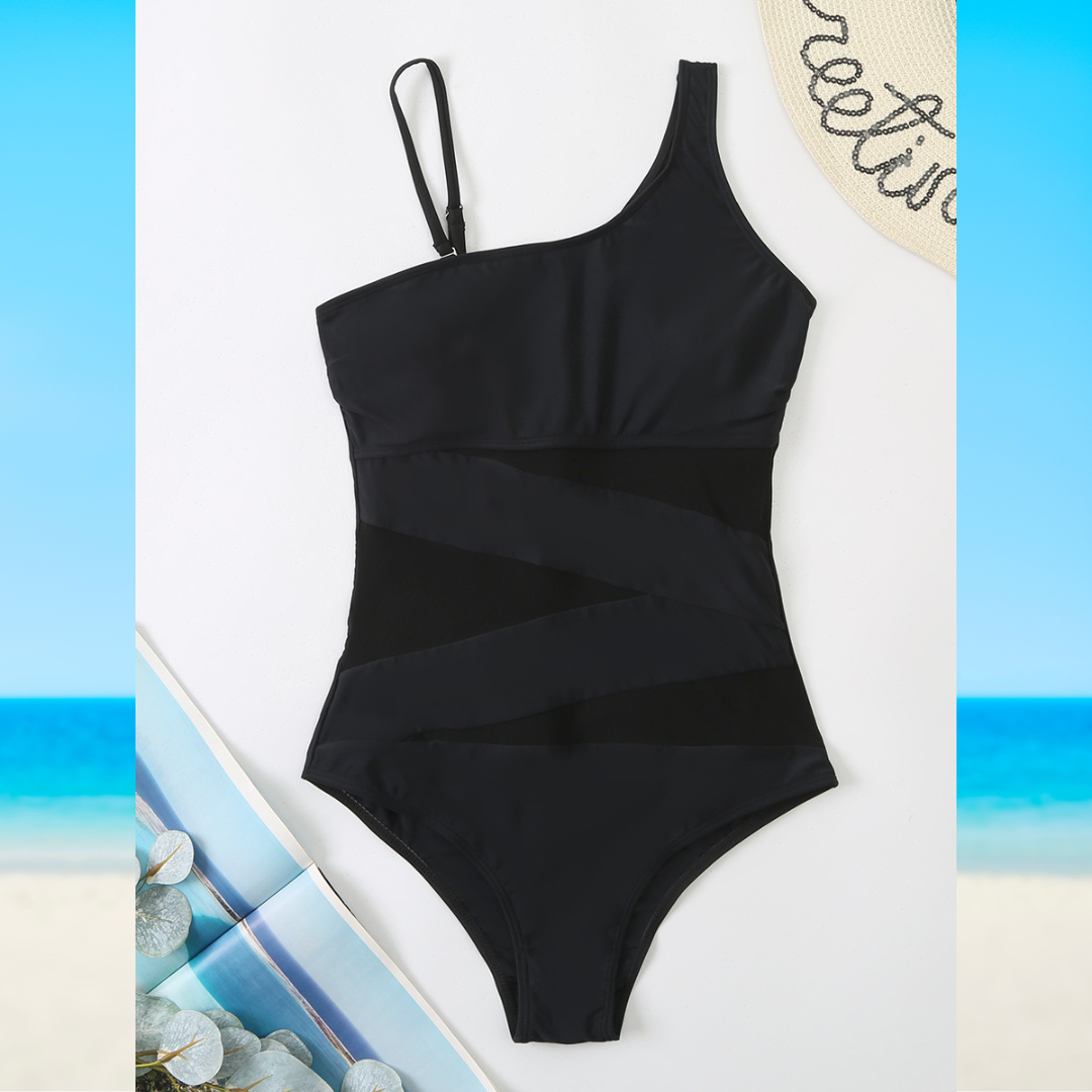 Women's One-Piece Swimsuit Asymmetrical Neckline Mesh Panel Black