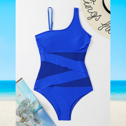 Women's One-Piece Swimsuit Asymmetrical Neckline Mesh Panel Black