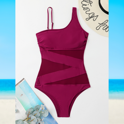 Women's One-Piece Swimsuit Asymmetrical Neckline Mesh Panel Black