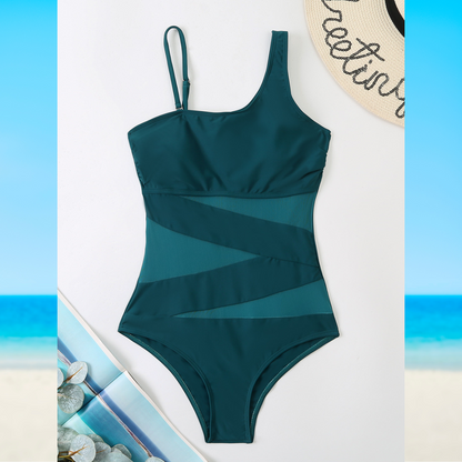 Women's One-Piece Swimsuit Asymmetrical Neckline Mesh Panel Black