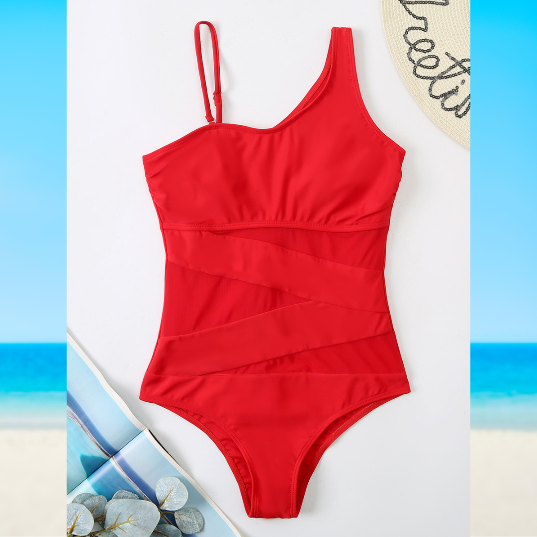 Women's One-Piece Swimsuit Asymmetrical Neckline Mesh Panel Black