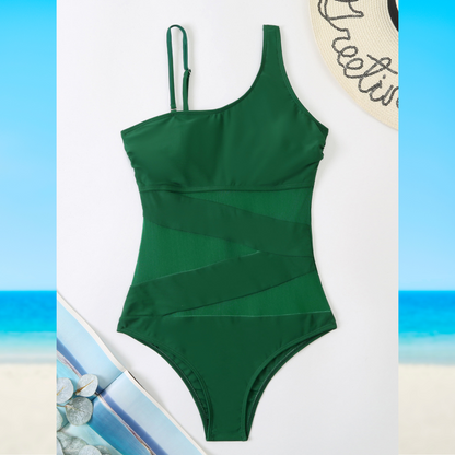 Women's One-Piece Swimsuit Asymmetrical Neckline Mesh Panel Black