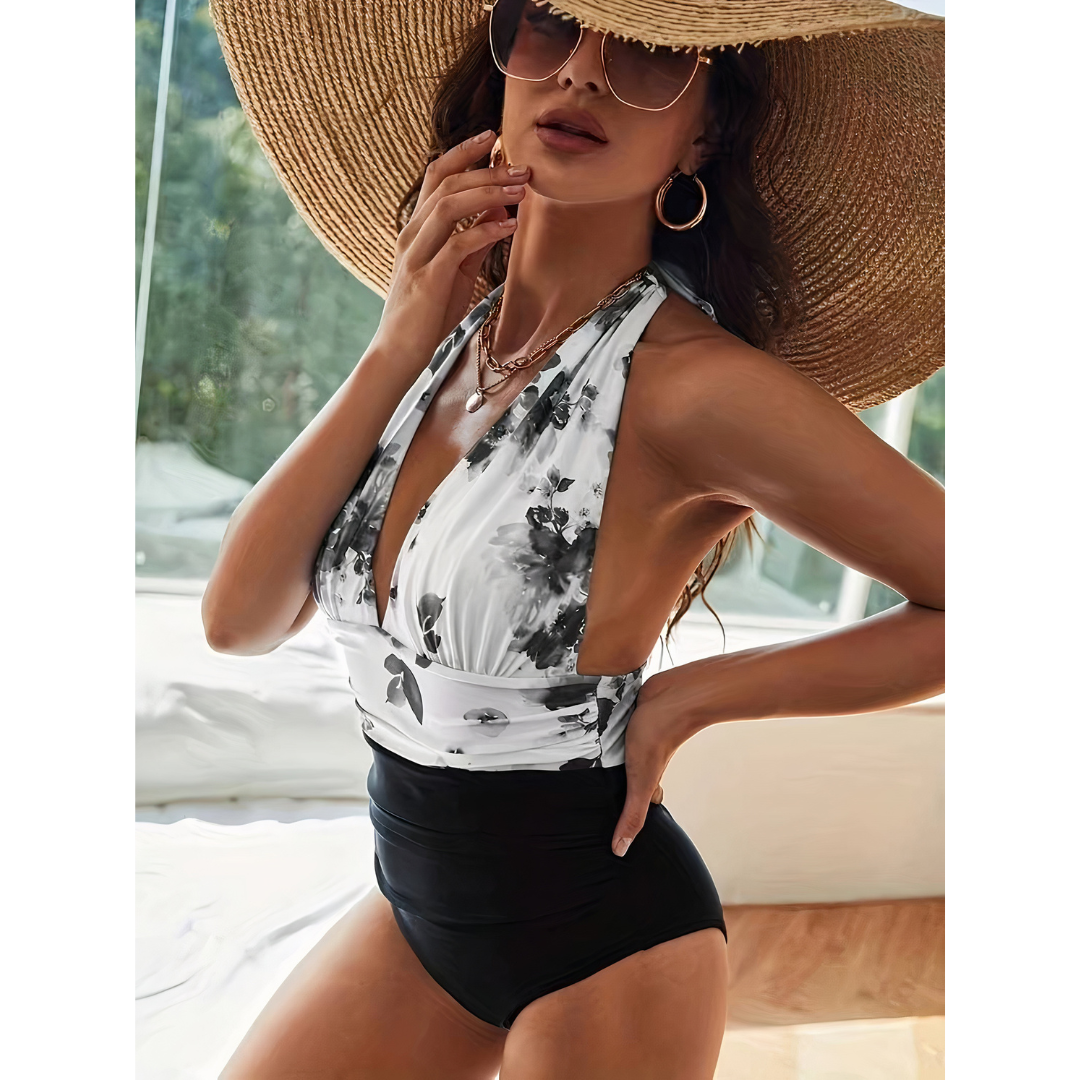 Women's Halter One-Piece Swimsuit Floral Print Deep V-Neck