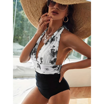 Women's Halter One-Piece Swimsuit Floral Print Deep V-Neck