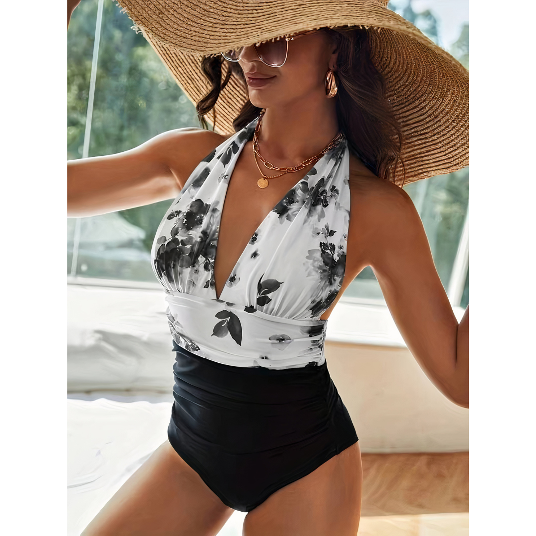 Women's Halter One-Piece Swimsuit Floral Print Deep V-Neck - VibreMode