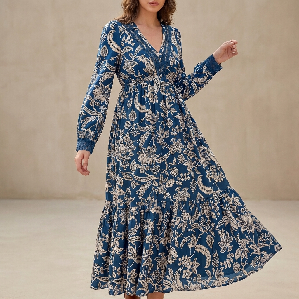 Women's V-Neck Maxi Dress Lace Tiered - VibreMode