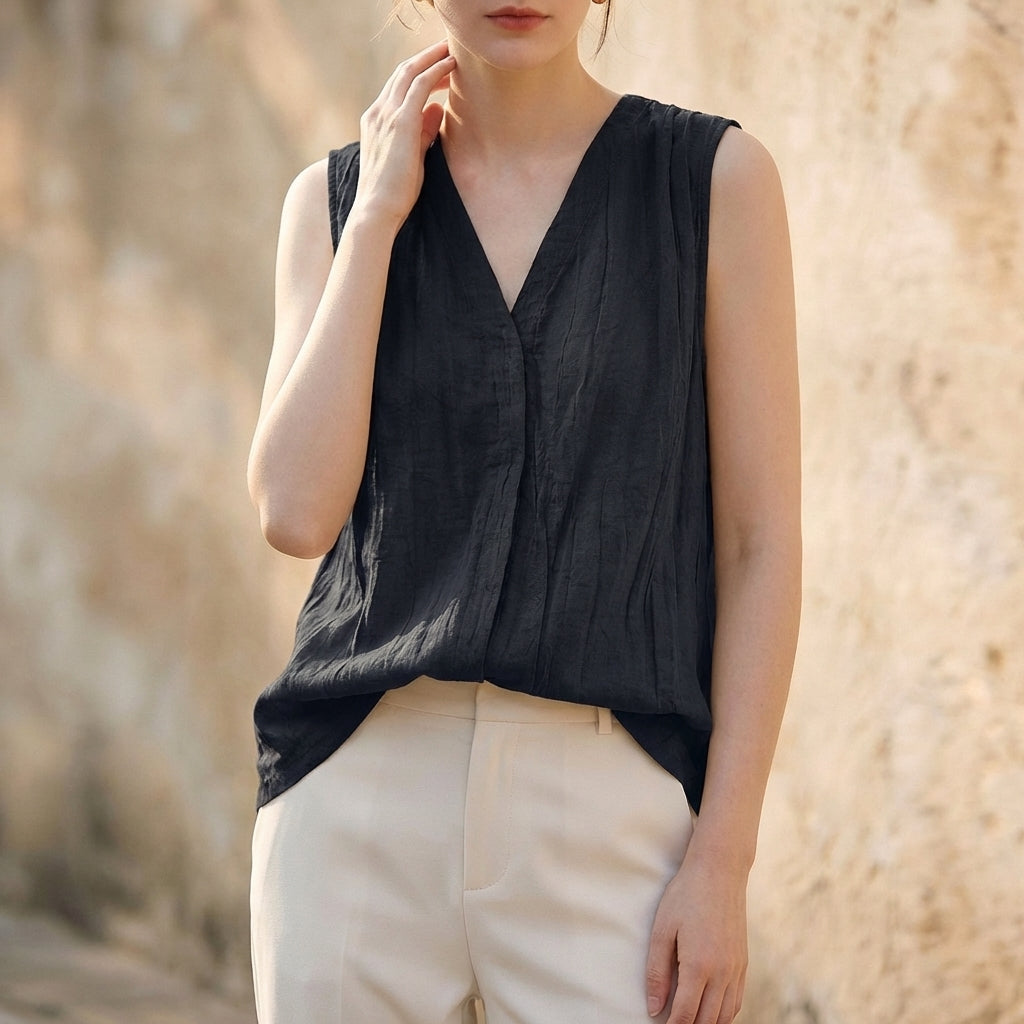 Women's V-Neck Sleeveless Pleated Crinkle Texture - VibreMode