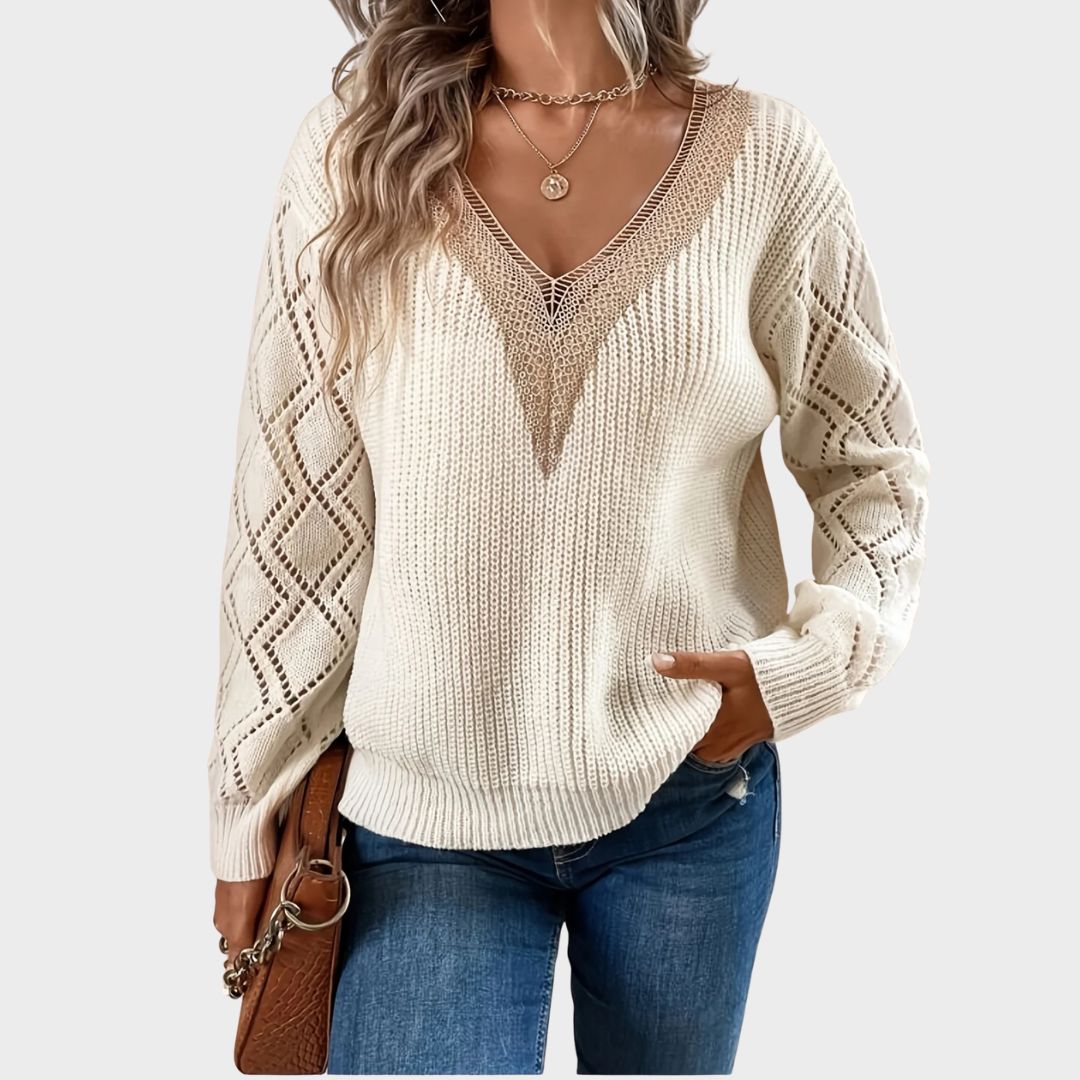 Women's V Neck Sweater Solid Paisley Pattern - VibreMode