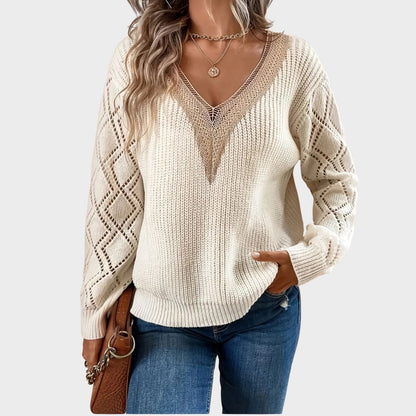 Women's V Neck Sweater Solid Paisley Pattern - VibreMode